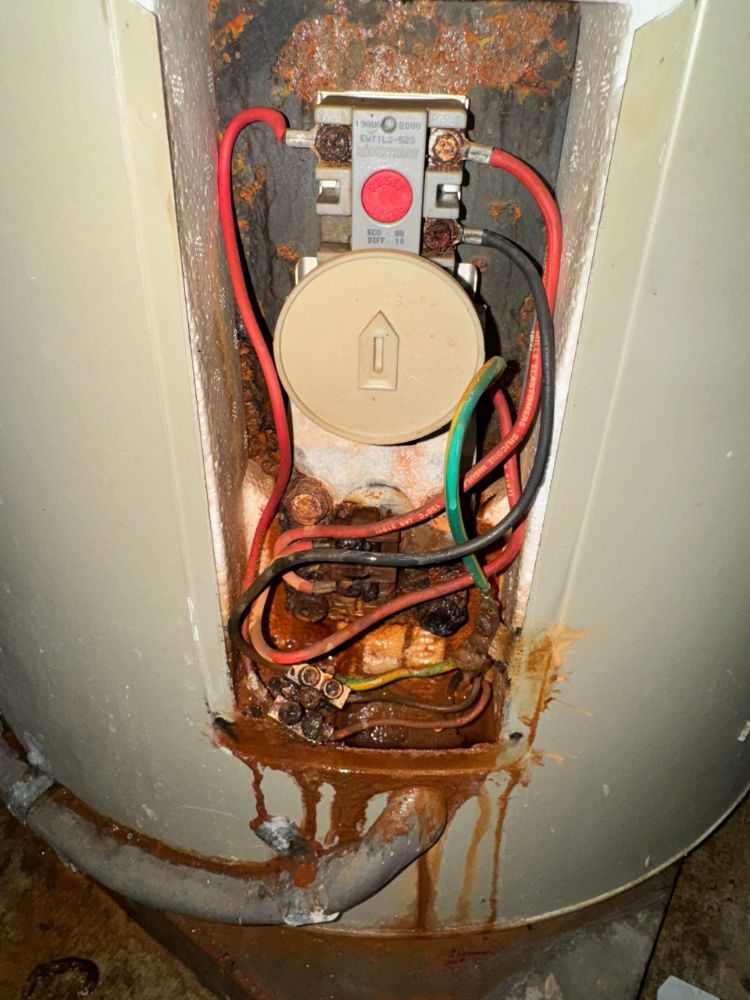 Corroded hot water system thermostat and element behind the access cover