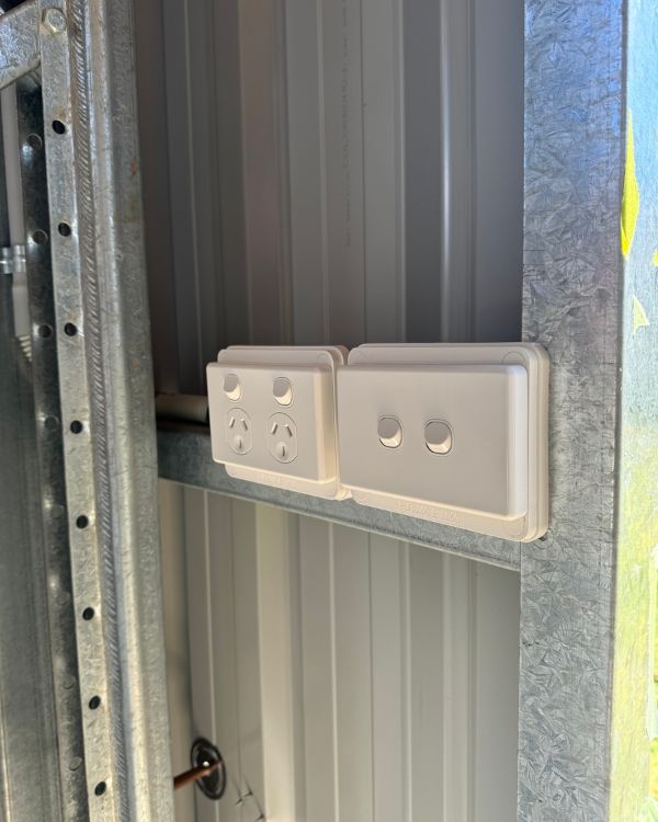Weatherproof double power points installed in a shed in Albany Creek